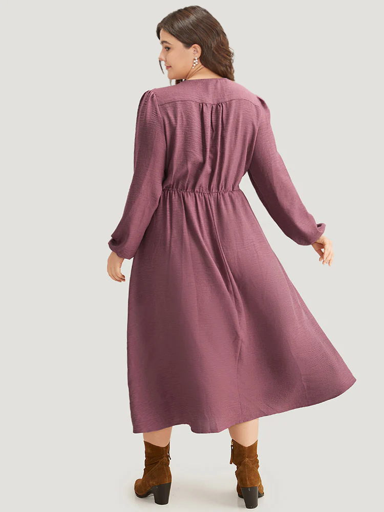 Twill Gathered Button Detail Lantern Sleeve Dress - Image 4