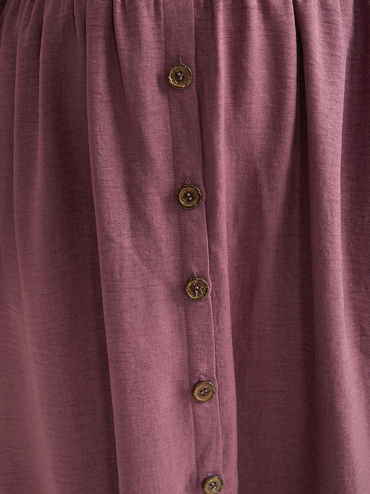 Twill Gathered Button Detail Lantern Sleeve Dress - Image 7