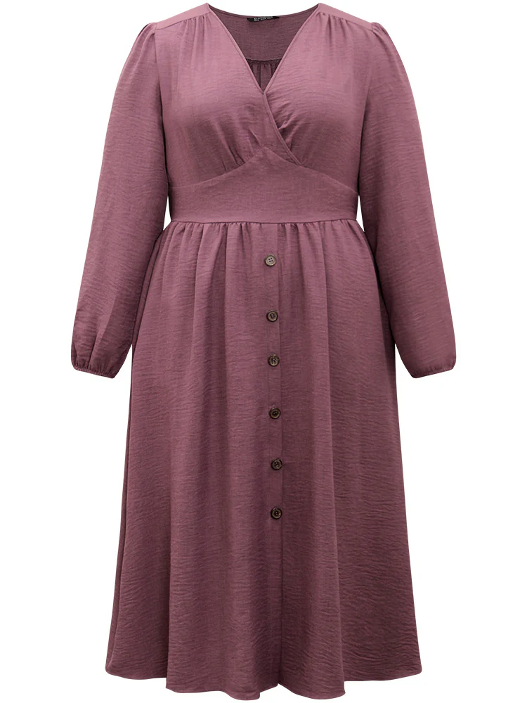 Twill Gathered Button Detail Lantern Sleeve Dress - Image 8