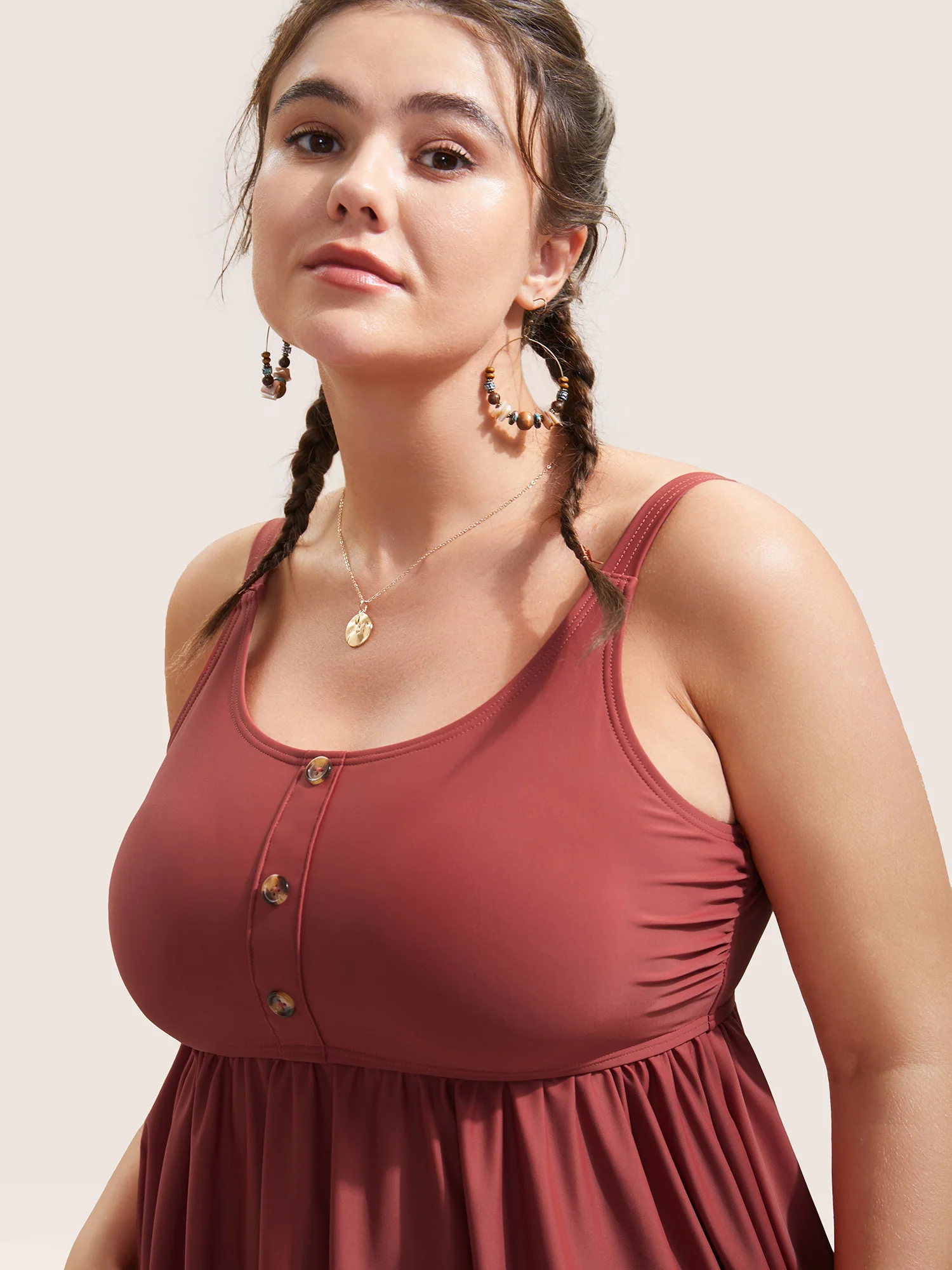 Plain Gathered Button Detail Swim Top - Image 4