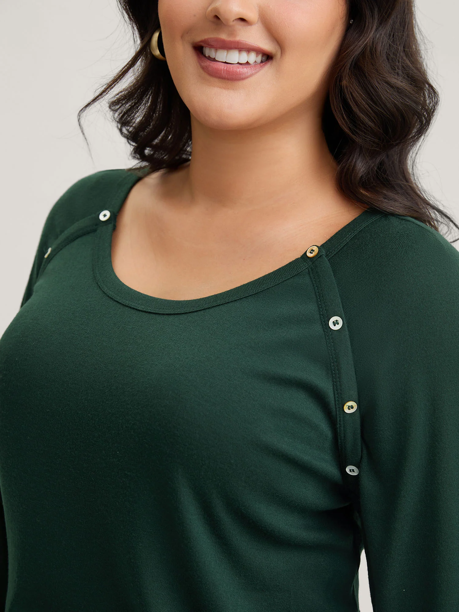 Plain Gathered Button Detail T-shirt - Image 2