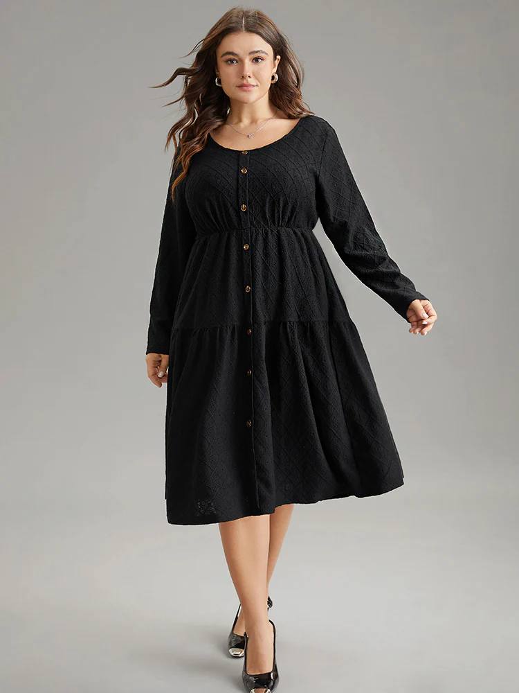Plain Gathered Button Detail Texture Ruffle Hem Dress