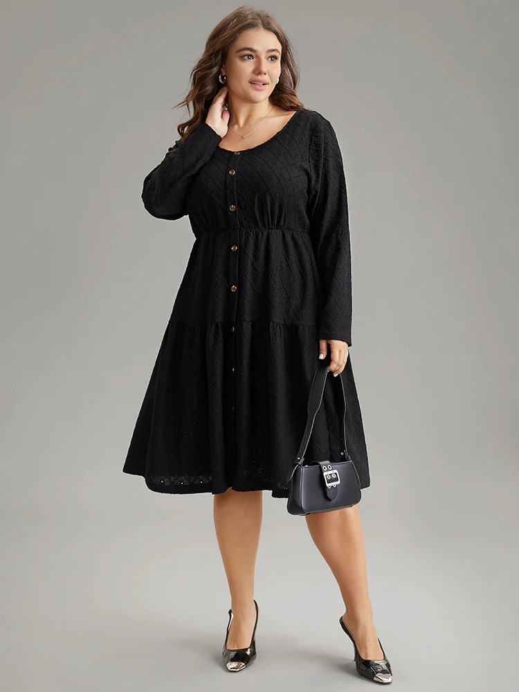 Plain Gathered Button Detail Texture Ruffle Hem Dress - Image 2