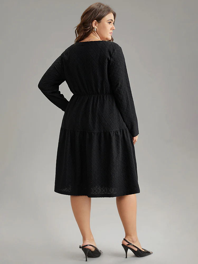 Plain Gathered Button Detail Texture Ruffle Hem Dress - Image 3