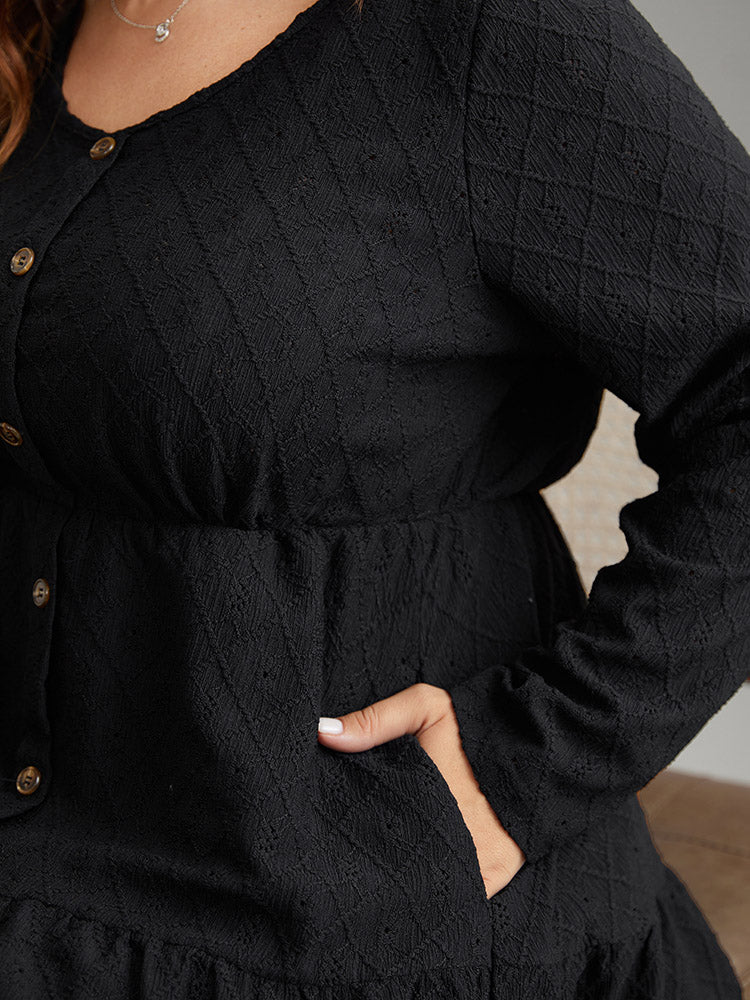 Plain Gathered Button Detail Texture Ruffle Hem Dress - Image 4
