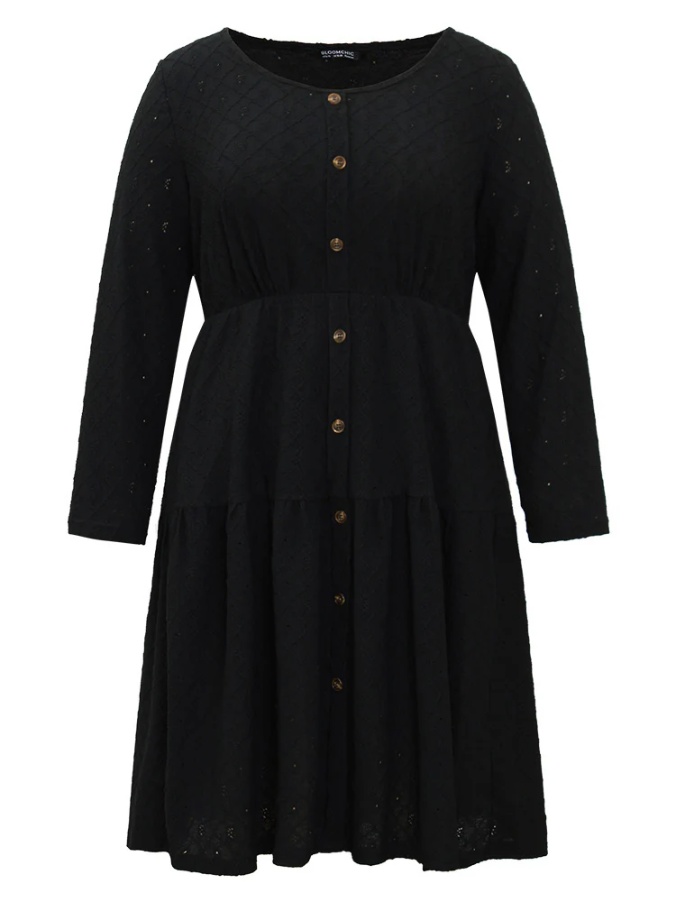 Plain Gathered Button Detail Texture Ruffle Hem Dress - Image 5