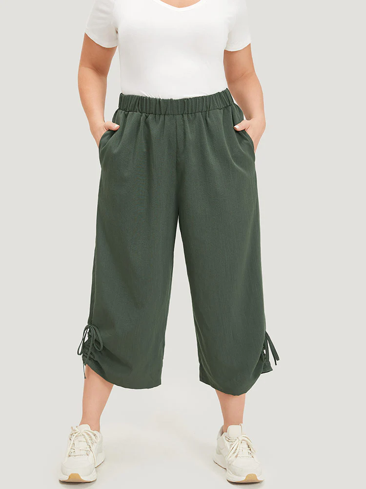 Plain Gathered Elastic Waist Drawstring Hem Pocket Pants