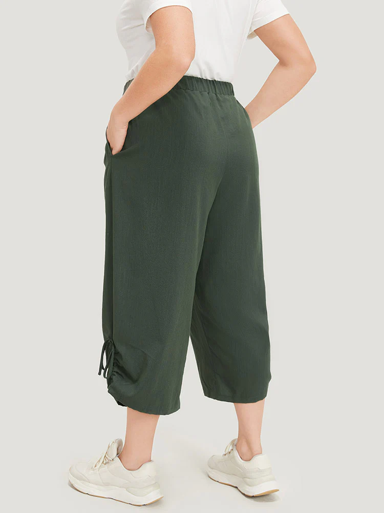 Plain Gathered Elastic Waist Drawstring Hem Pocket Pants - Image 2