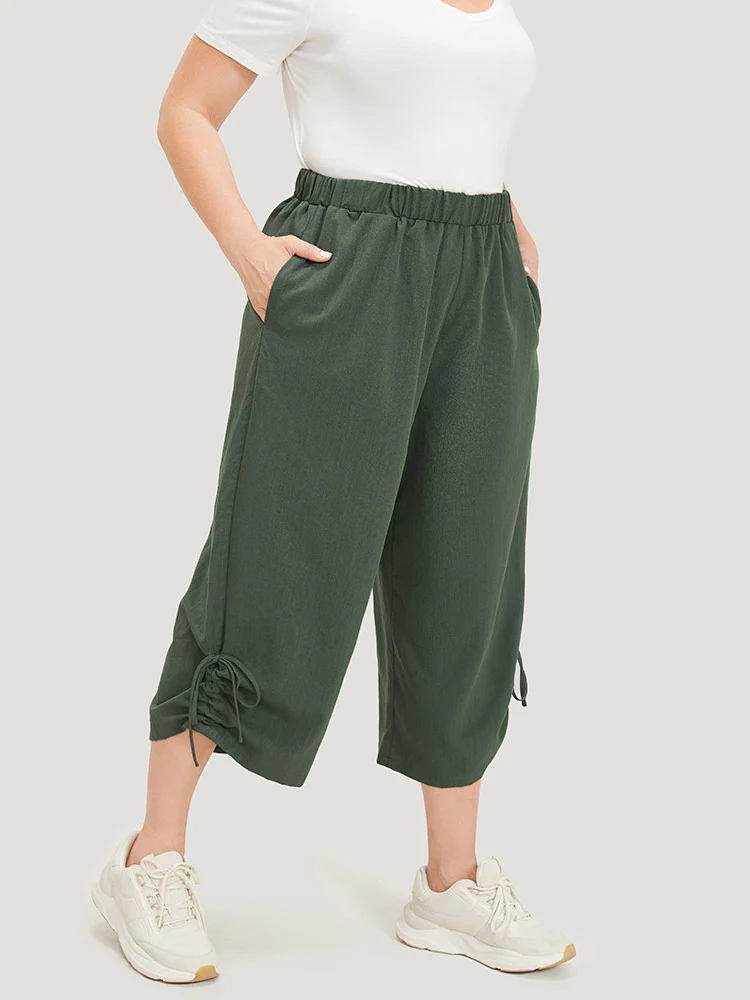Plain Gathered Elastic Waist Drawstring Hem Pocket Pants - Image 3
