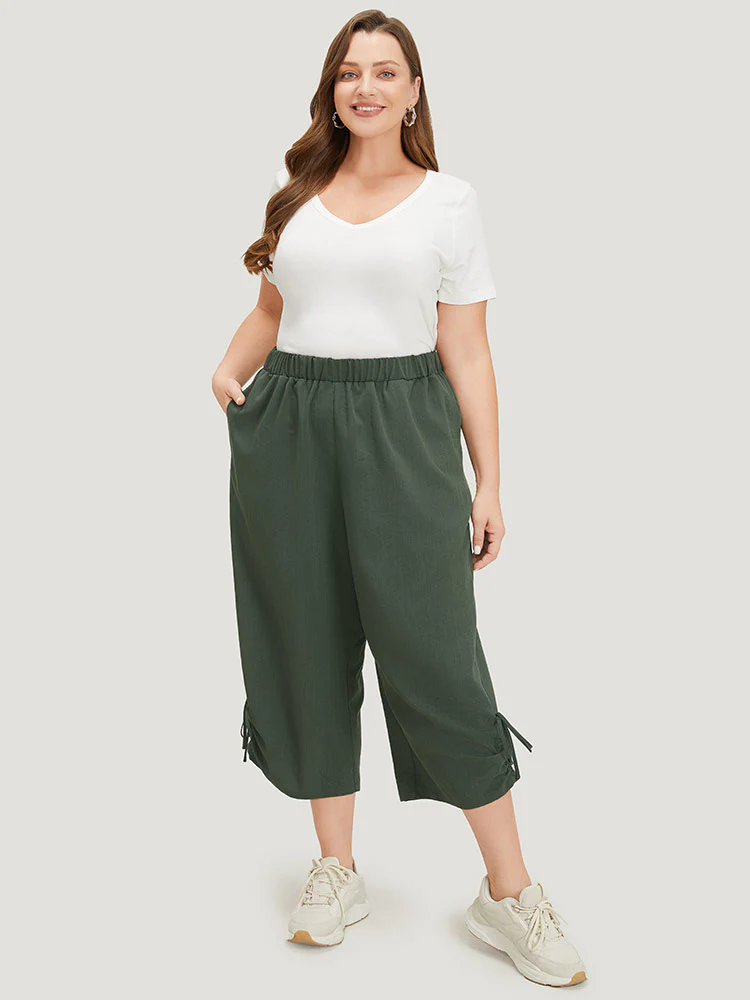 Plain Gathered Elastic Waist Drawstring Hem Pocket Pants - Image 4