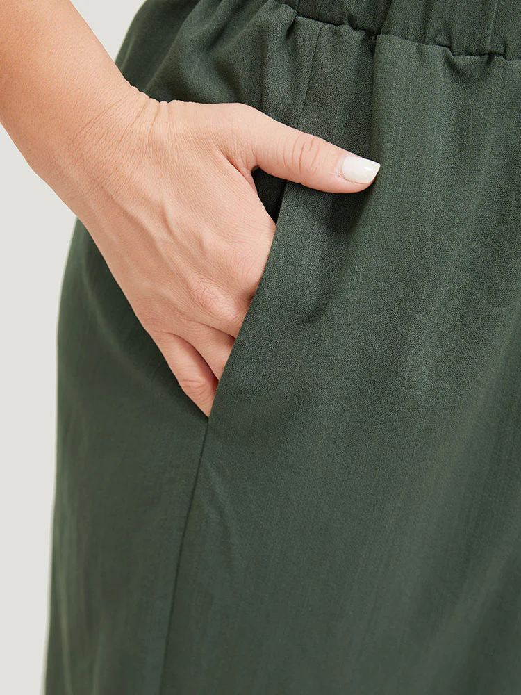 Plain Gathered Elastic Waist Drawstring Hem Pocket Pants - Image 5