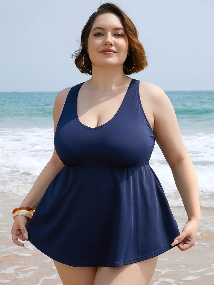 Plain Gathered Flutter Halter Neck Tankini Top - Image 3