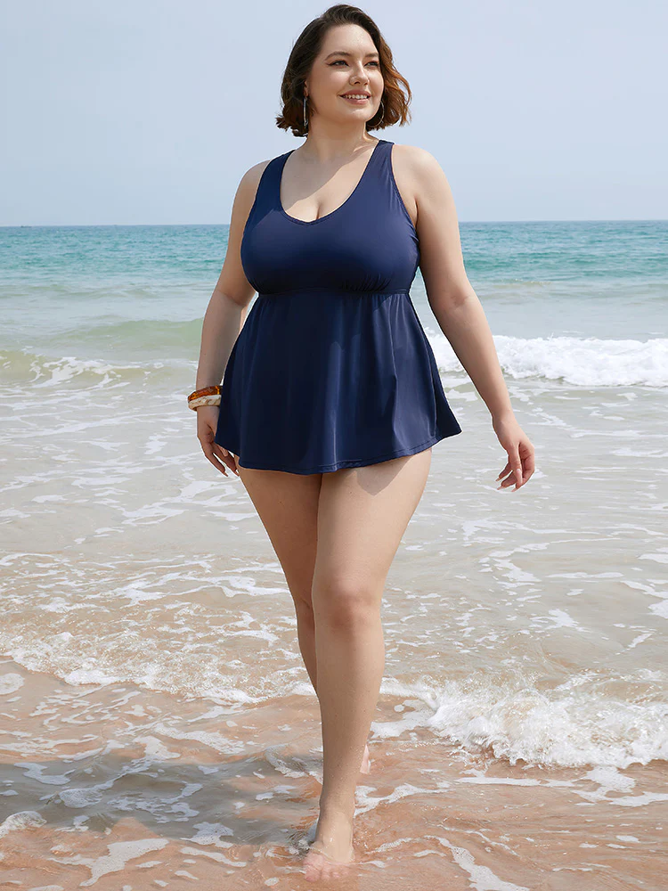 Plain Gathered Flutter Halter Neck Tankini Top - Image 6