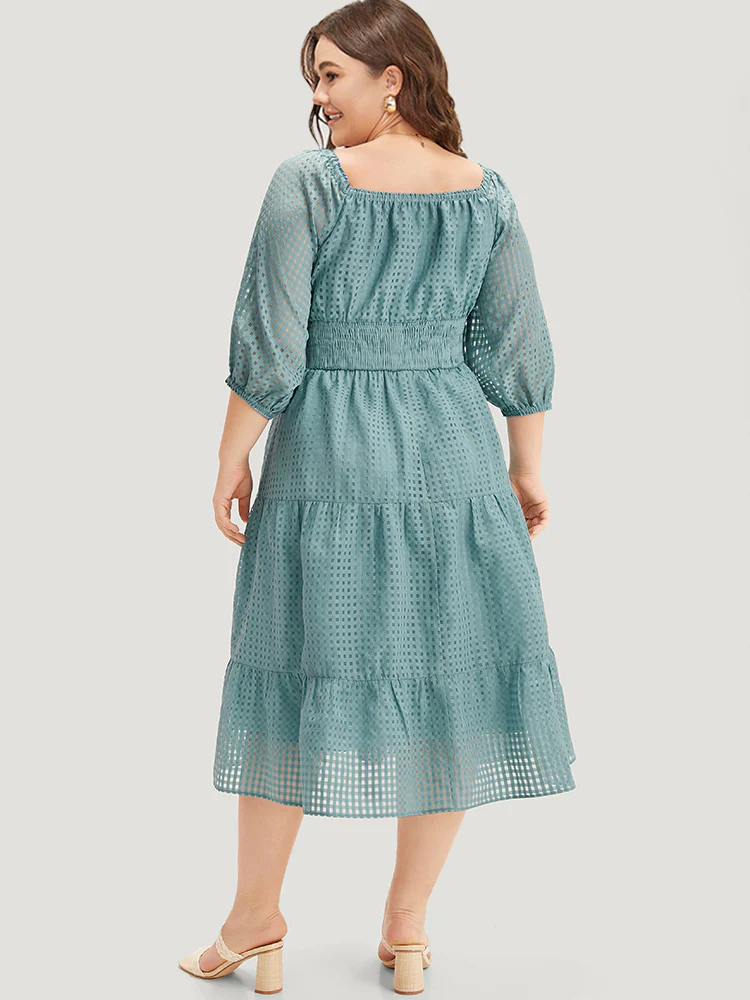 Plain Gathered Texture Shirred Pocket Lantern Sleeve Dress - Image 2