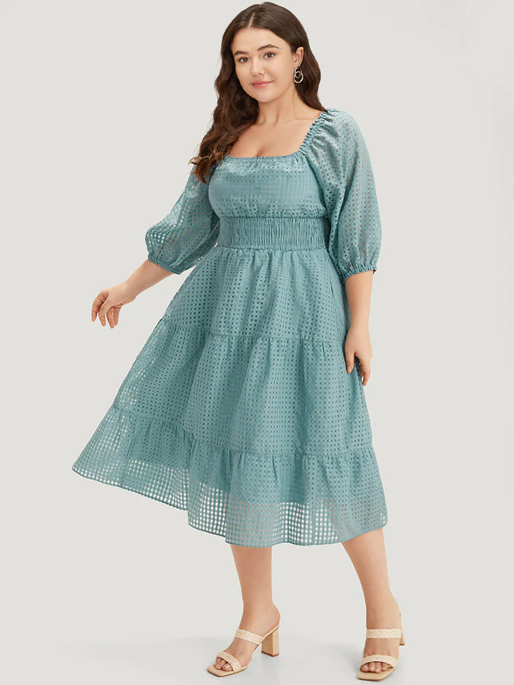 Plain Gathered Texture Shirred Pocket Lantern Sleeve Dress - Image 3