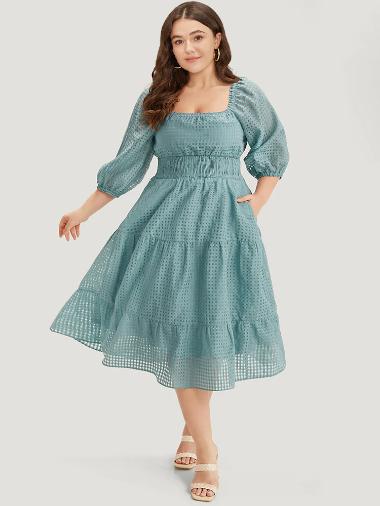 Plain Gathered Texture Shirred Pocket Lantern Sleeve Dress - Image 4
