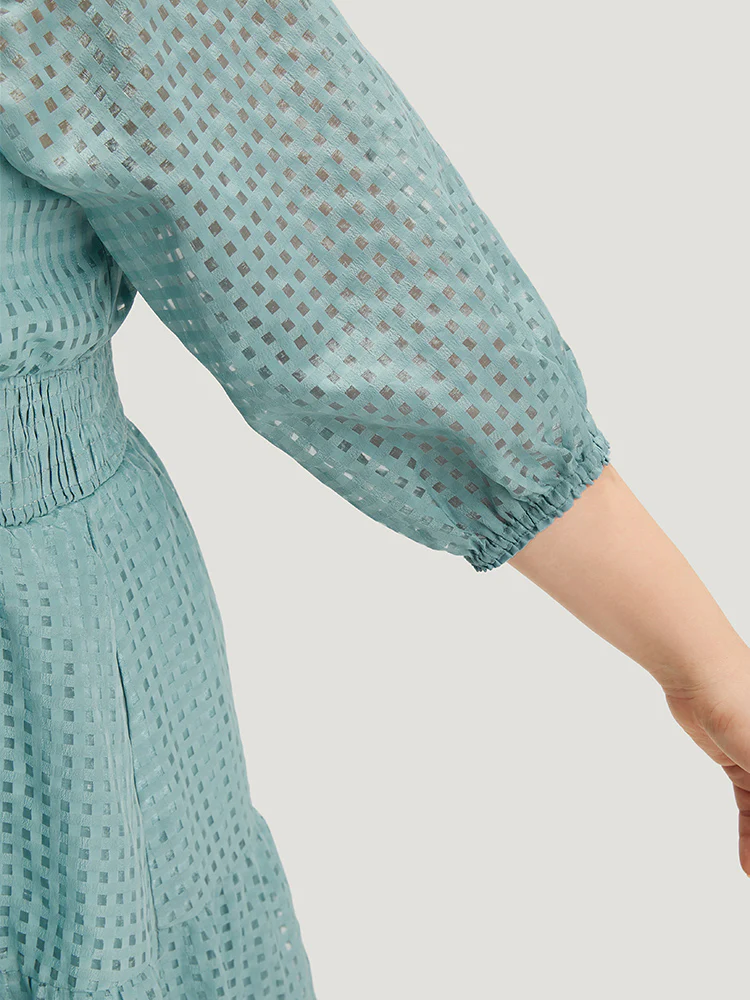 Plain Gathered Texture Shirred Pocket Lantern Sleeve Dress - Image 6