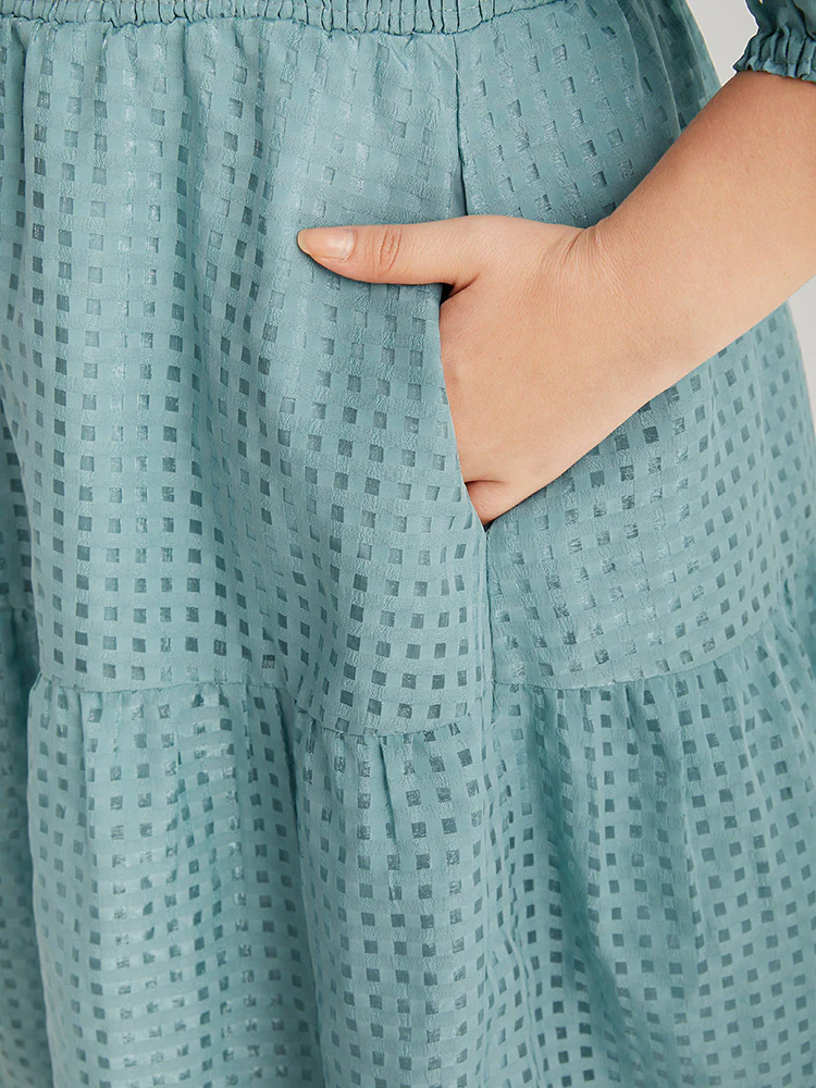 Plain Gathered Texture Shirred Pocket Lantern Sleeve Dress - Image 7