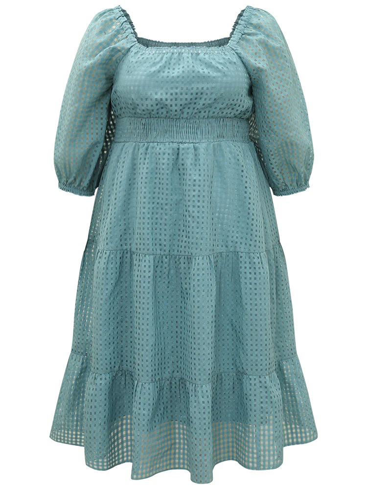 Plain Gathered Texture Shirred Pocket Lantern Sleeve Dress - Image 8