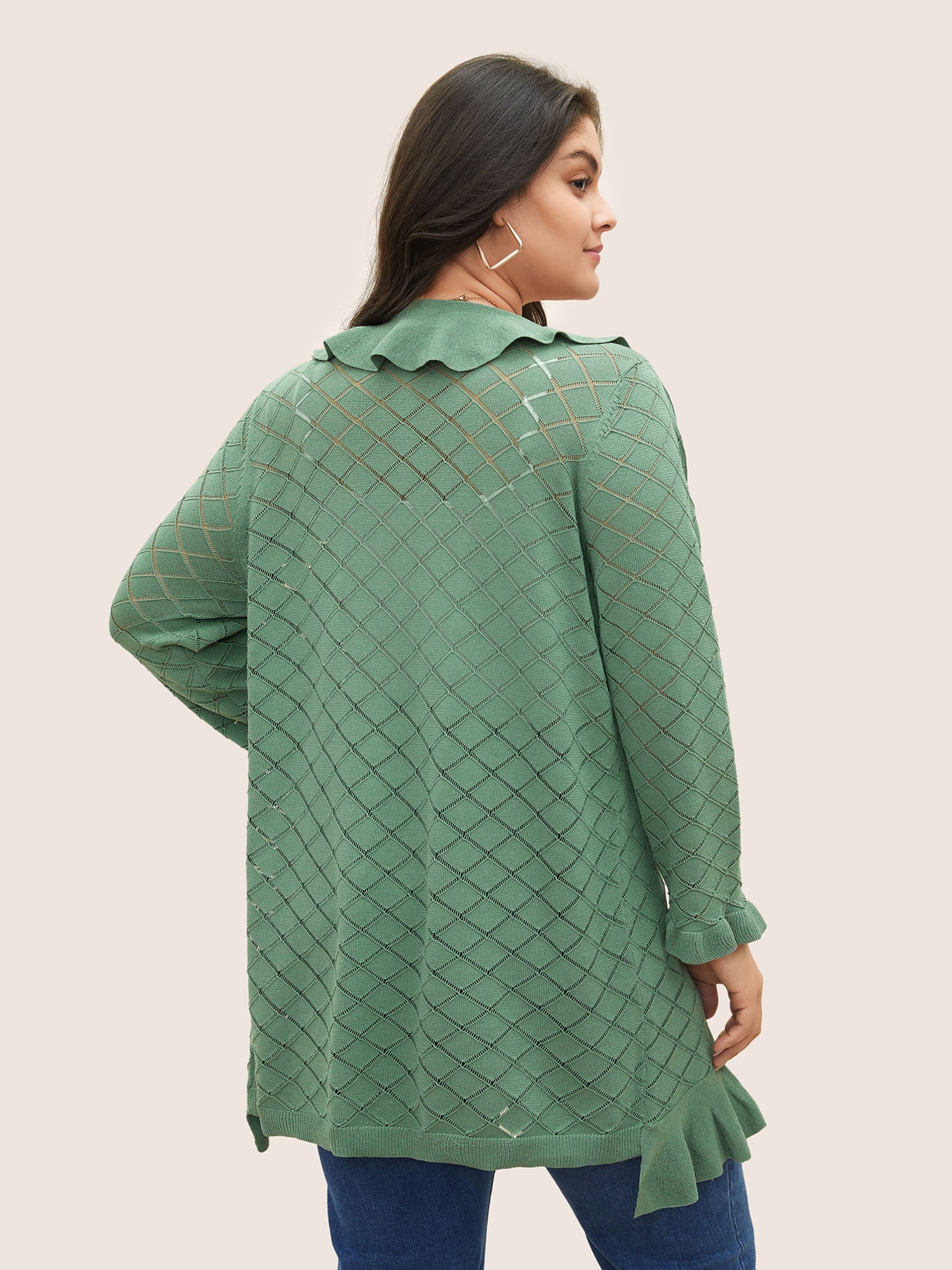 Plain Geometric Cut Out Ruffles Ties Cardigan - Image 2
