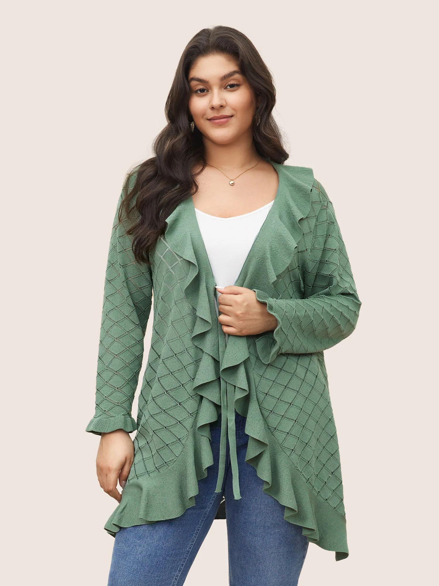Plain Geometric Cut Out Ruffles Ties Cardigan - Image 3