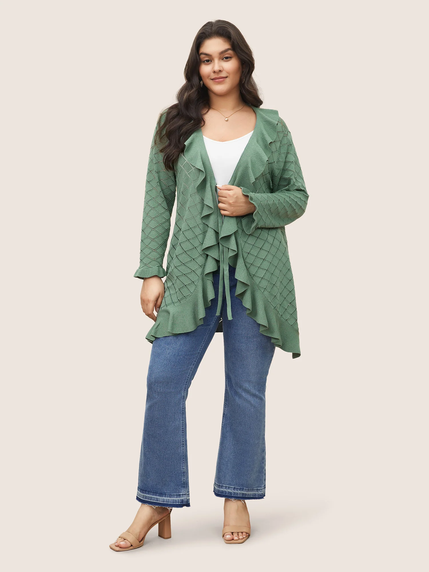 Plain Geometric Cut Out Ruffles Ties Cardigan - Image 4