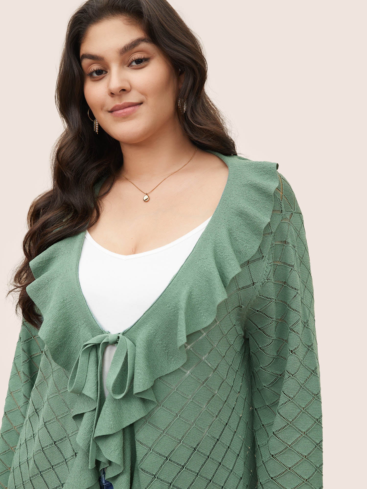 Plain Geometric Cut Out Ruffles Ties Cardigan - Image 5