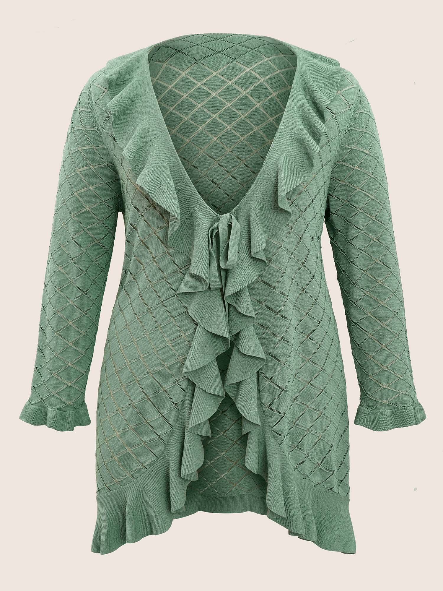 Plain Geometric Cut Out Ruffles Ties Cardigan - Image 8