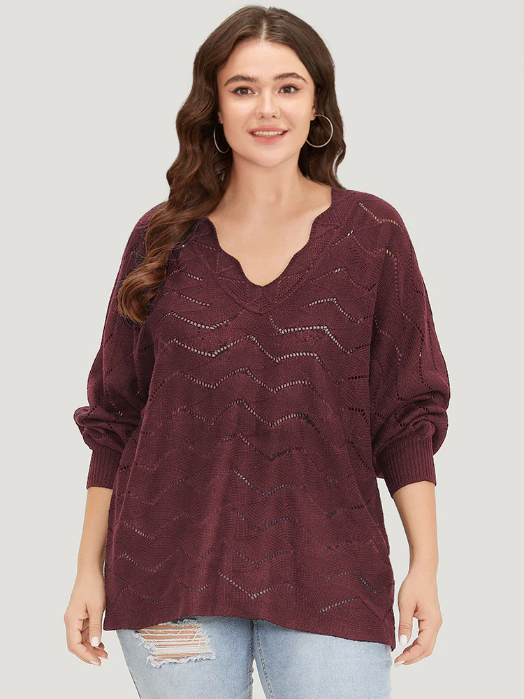 Plain Geometric Eyelet Elastic Cuffs Patchwork Pullover - Image 11
