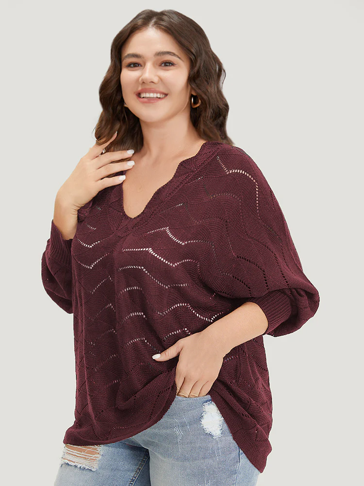 Plain Geometric Eyelet Elastic Cuffs Patchwork Pullover - Image 13