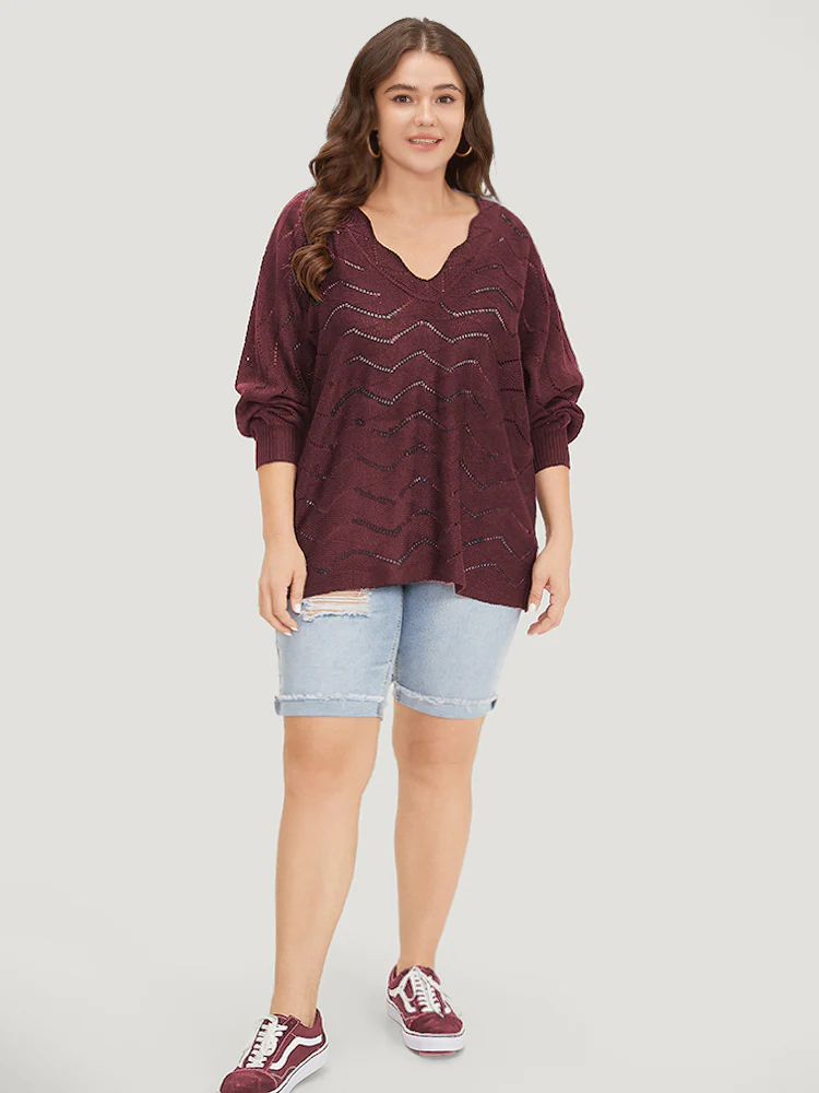 Plain Geometric Eyelet Elastic Cuffs Patchwork Pullover - Image 14