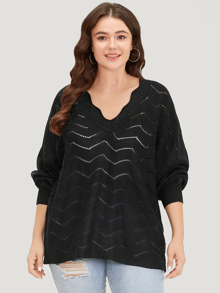 Plain Geometric Eyelet Elastic Cuffs Patchwork Pullover - Image 3
