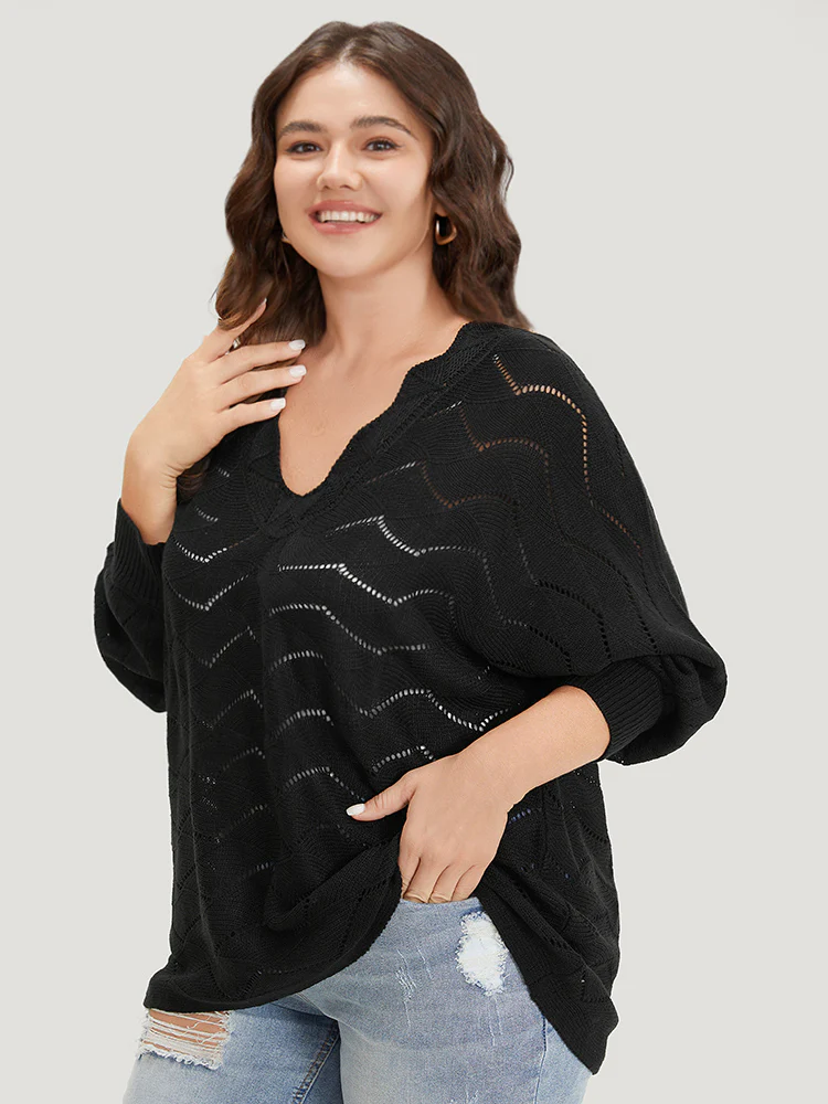 Plain Geometric Eyelet Elastic Cuffs Patchwork Pullover - Image 4
