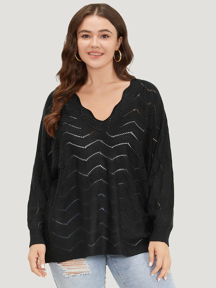 Plain Geometric Eyelet Elastic Cuffs Patchwork Pullover - Image 5