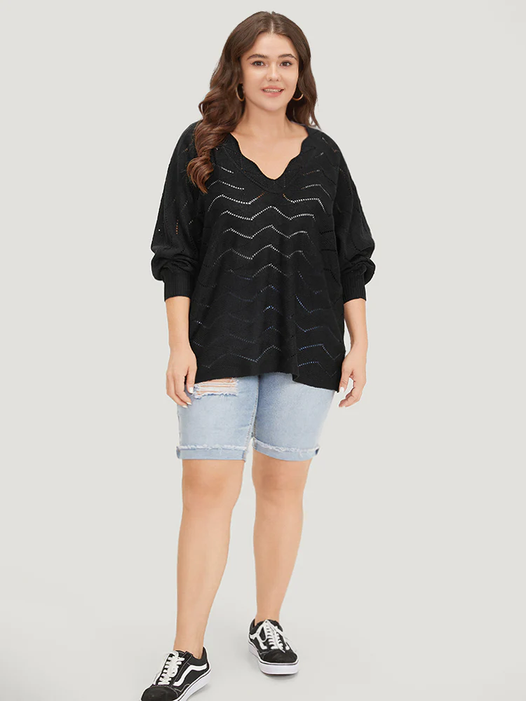 Plain Geometric Eyelet Elastic Cuffs Patchwork Pullover - Image 6