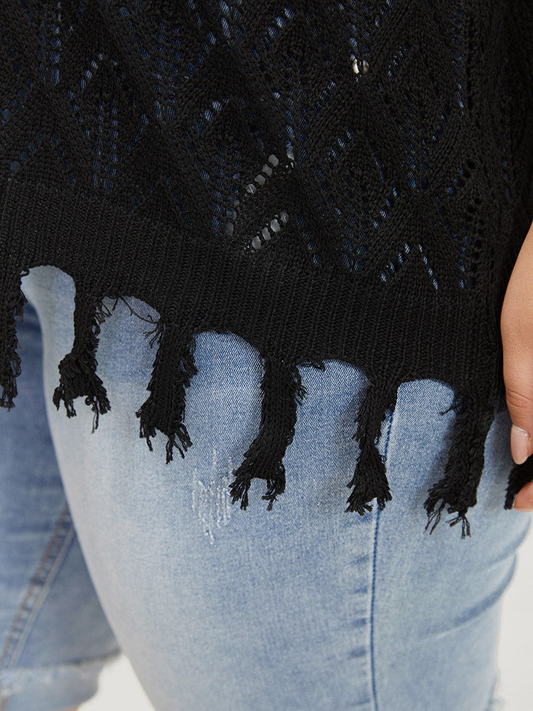 Plain Geometric Eyelet Patchwork Tassels Batwing Sleeve Pullover - Image 8
