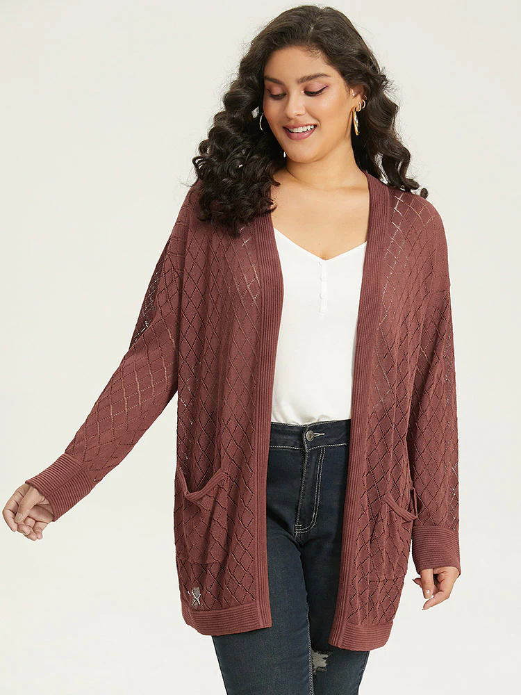 Plain Geometric Hollow Out Pocket Cardigan - Image 3