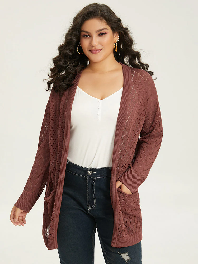 Plain Geometric Hollow Out Pocket Cardigan - Image 4