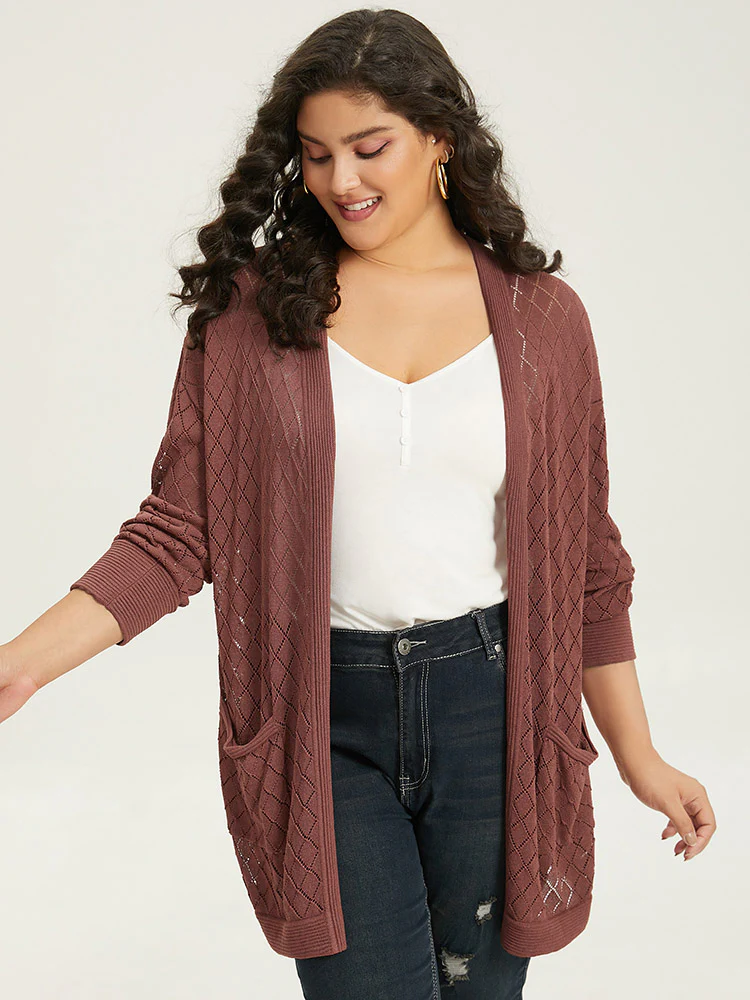 Plain Geometric Hollow Out Pocket Cardigan - Image 5