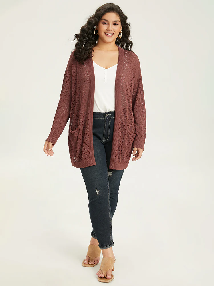 Plain Geometric Hollow Out Pocket Cardigan - Image 6