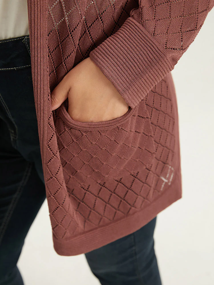 Plain Geometric Hollow Out Pocket Cardigan - Image 7