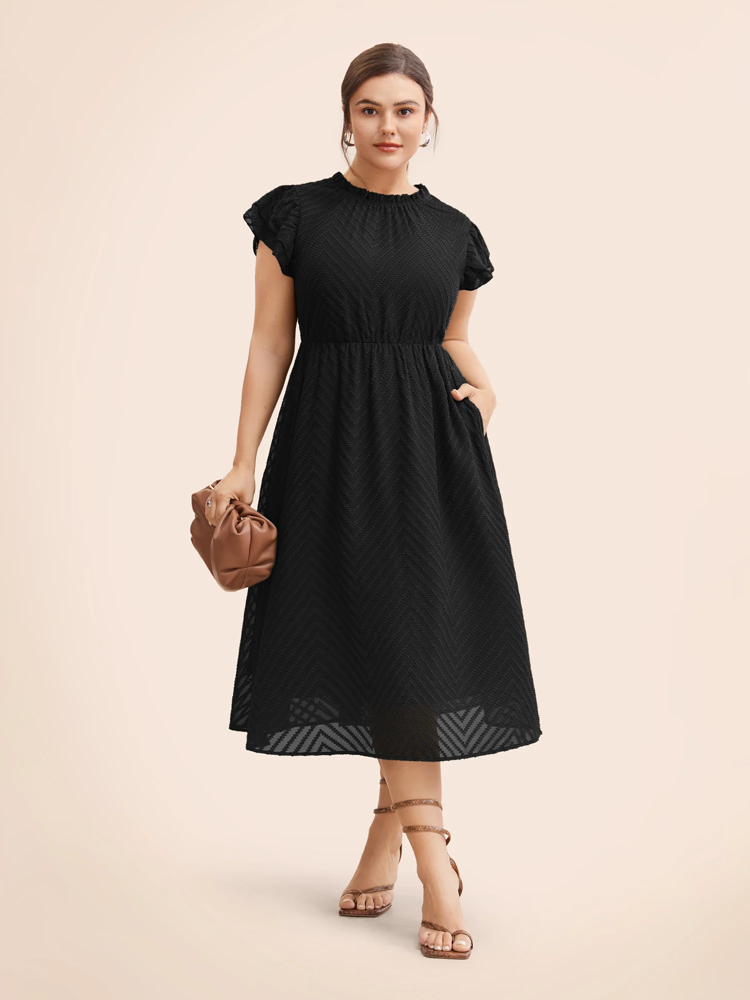 Plain Geometric Layered Sleeve Pocket Ruffle Mock Neck Dress - Image 10