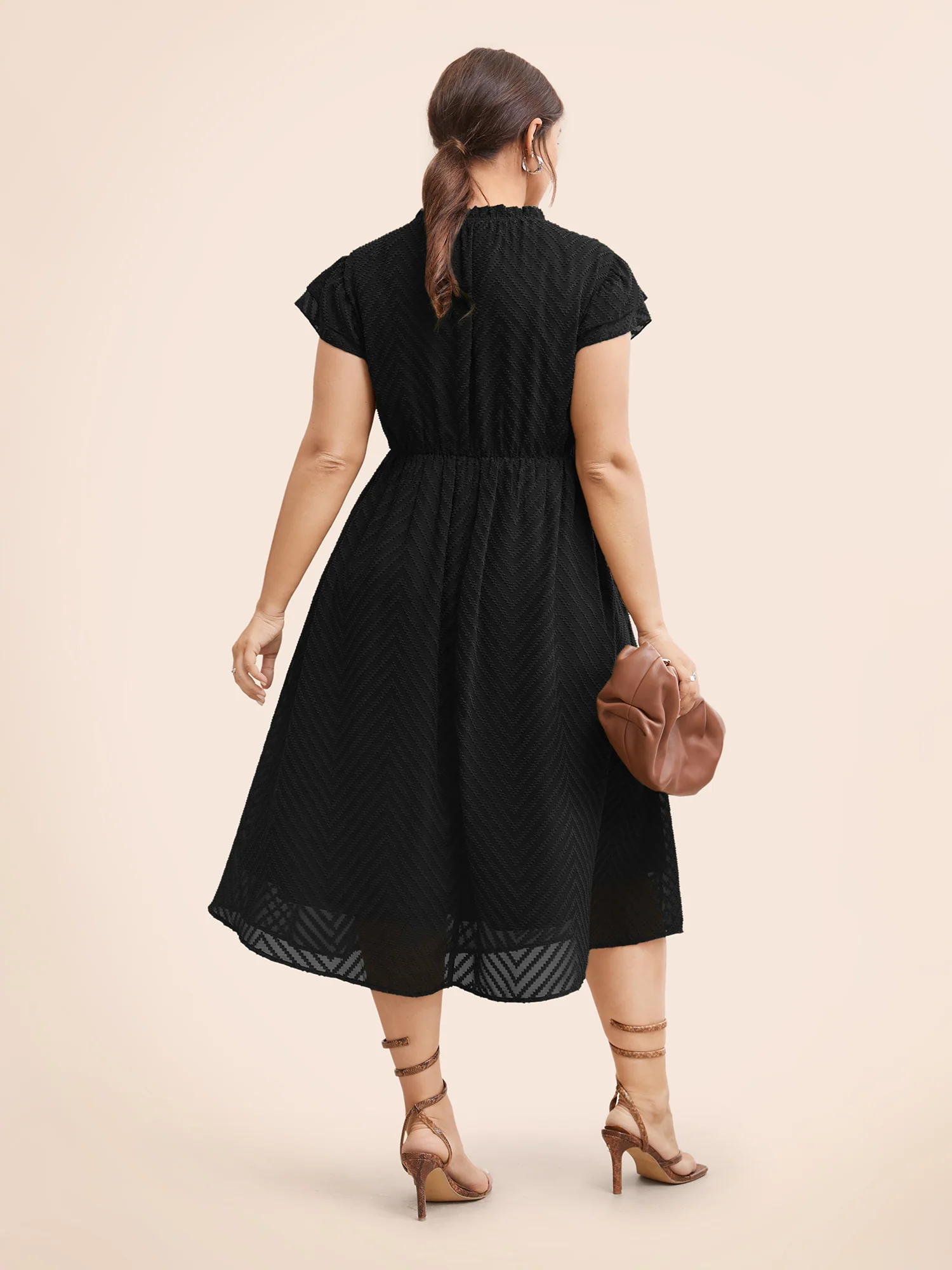 Plain Geometric Layered Sleeve Pocket Ruffle Mock Neck Dress - Image 11