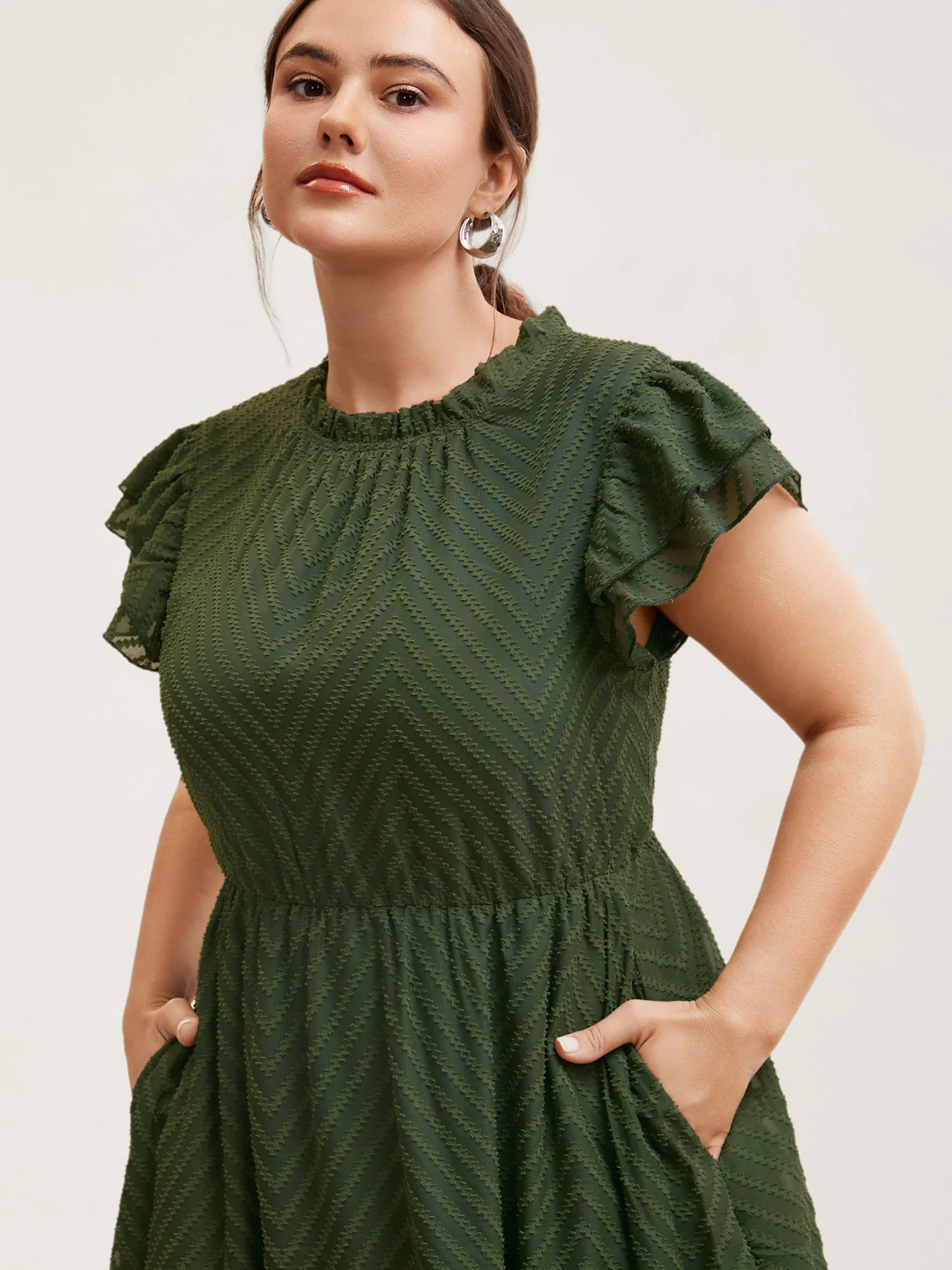 Plain Geometric Layered Sleeve Pocket Ruffle Mock Neck Dress - Image 2
