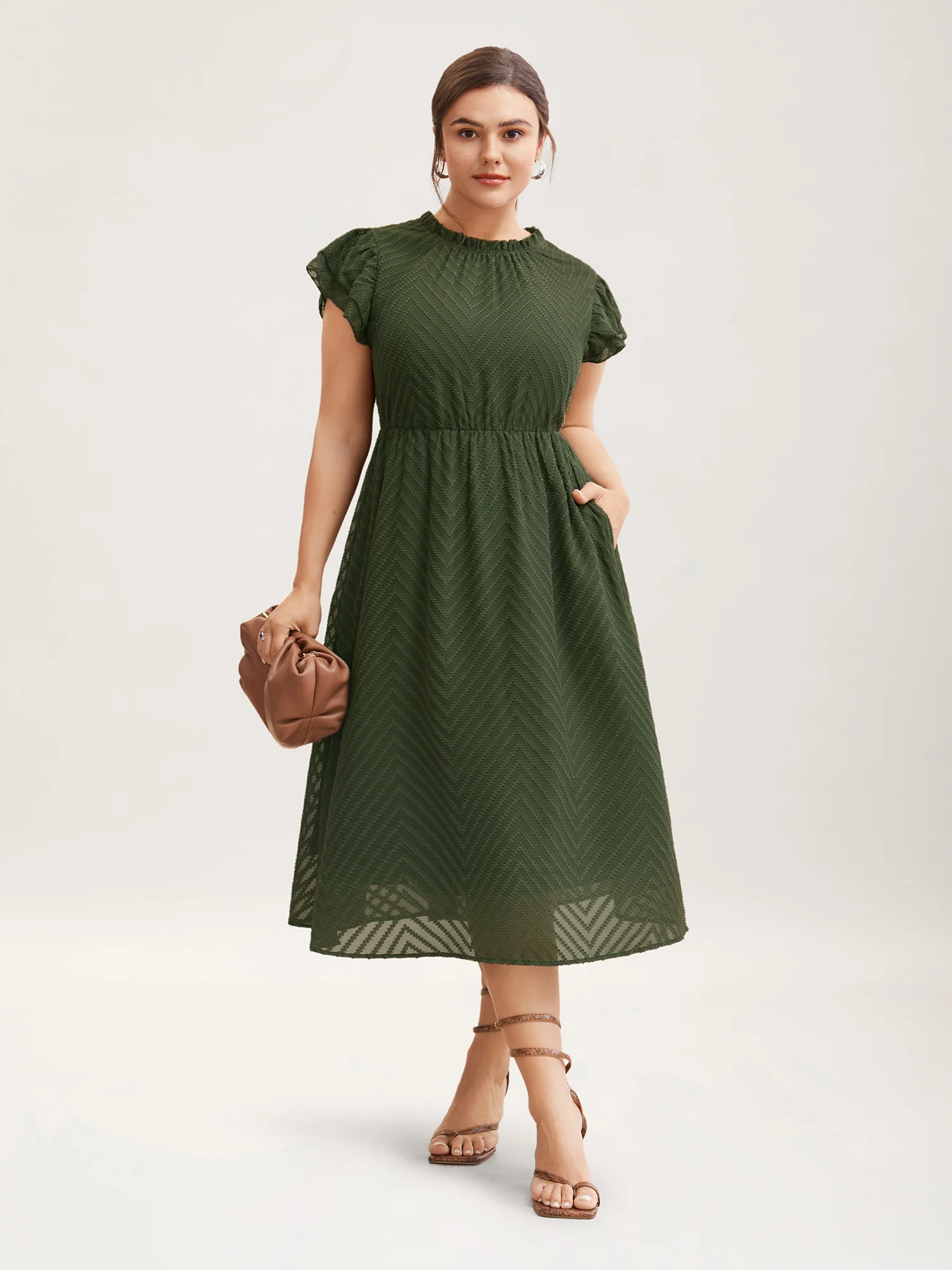 Plain Geometric Layered Sleeve Pocket Ruffle Mock Neck Dress - Image 3