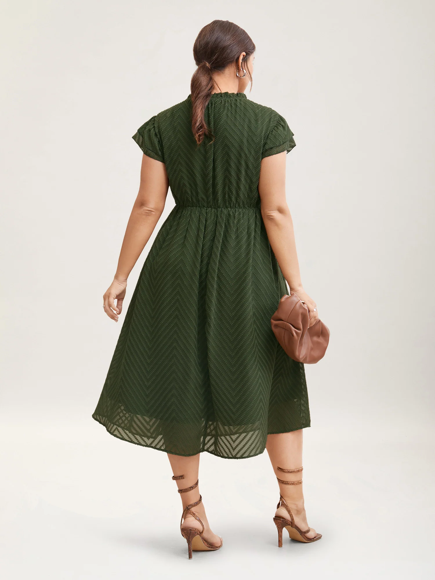 Plain Geometric Layered Sleeve Pocket Ruffle Mock Neck Dress - Image 4