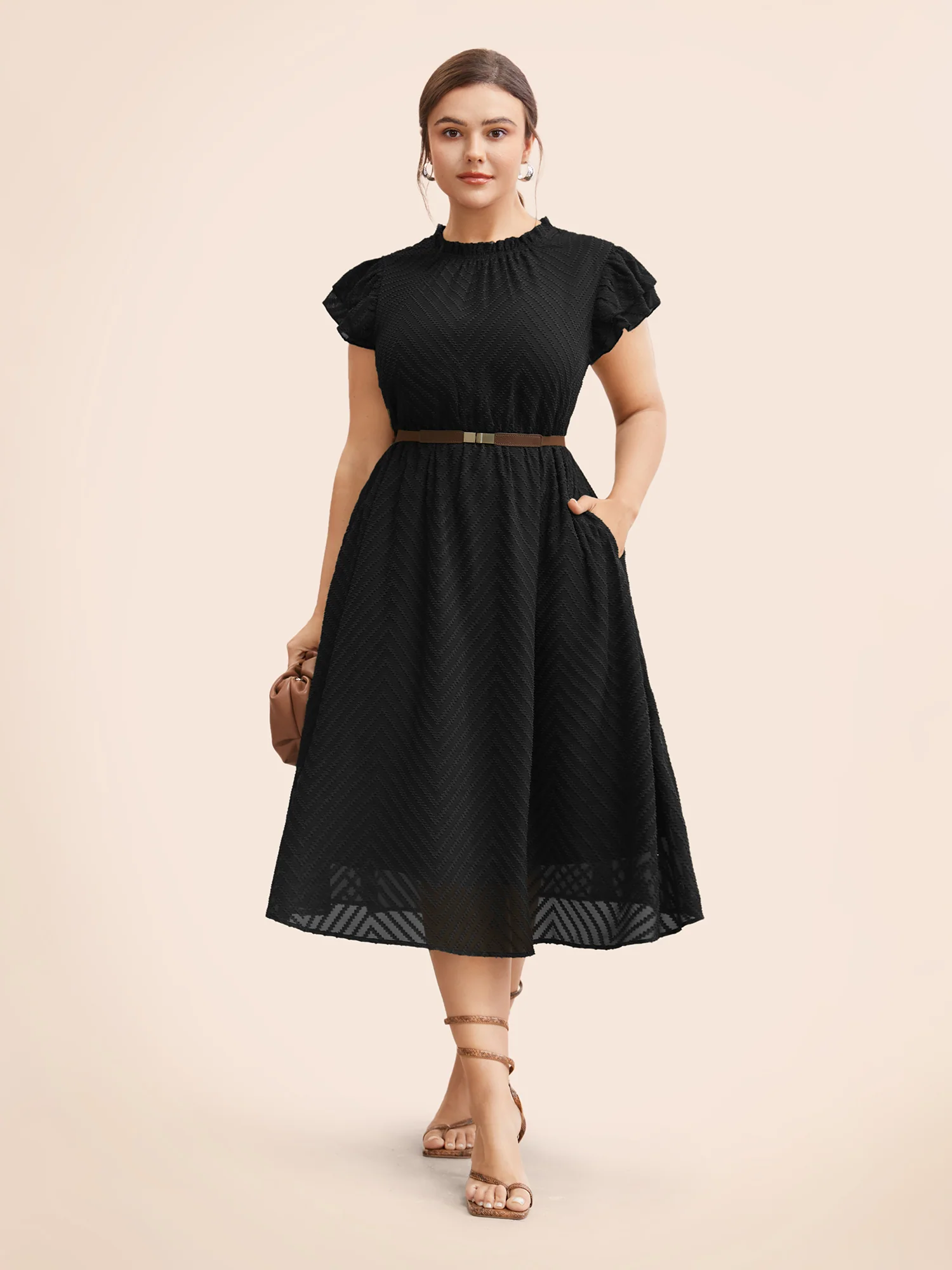 Plain Geometric Layered Sleeve Pocket Ruffle Mock Neck Dress - Image 8