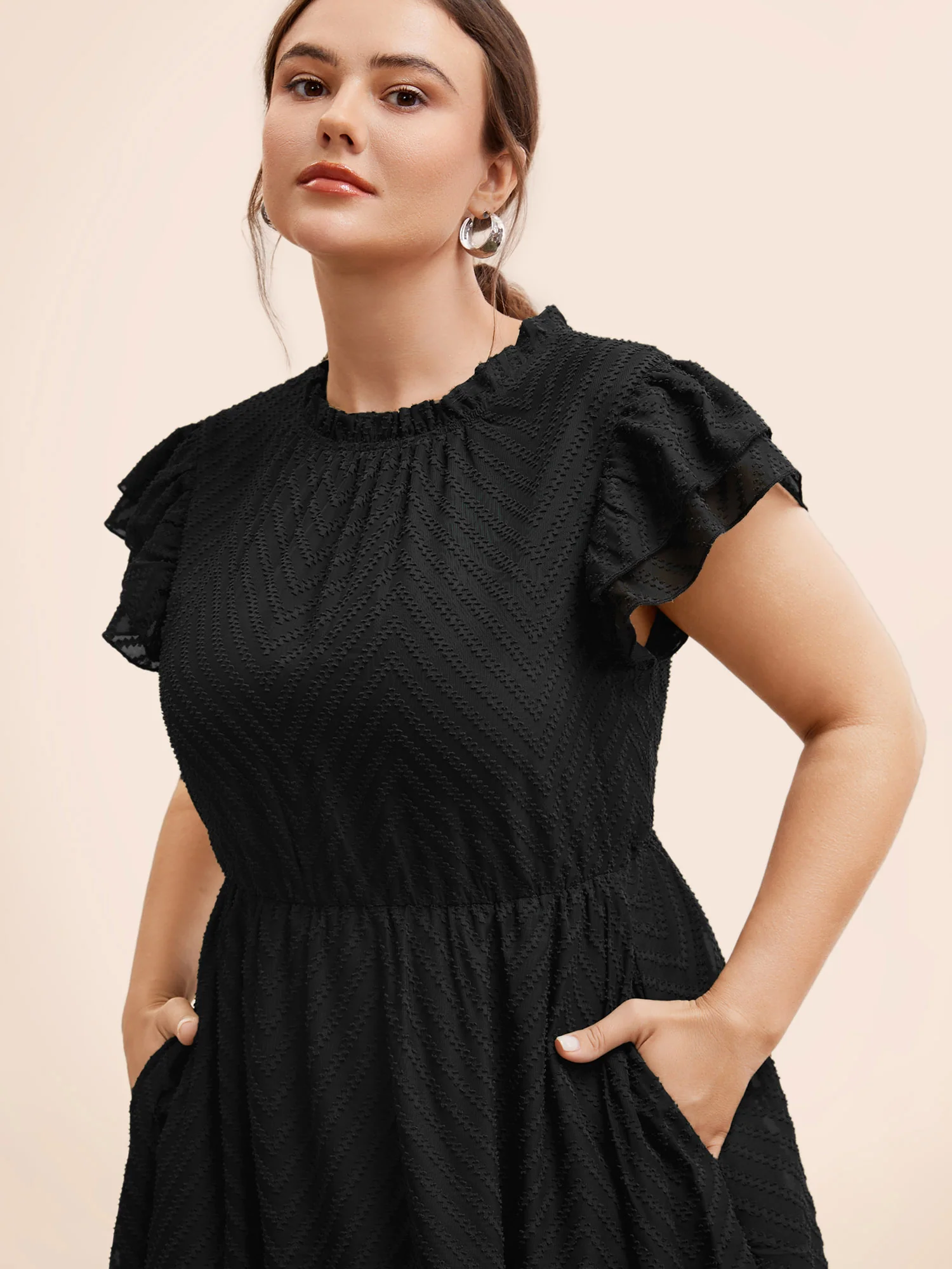 Plain Geometric Layered Sleeve Pocket Ruffle Mock Neck Dress - Image 9