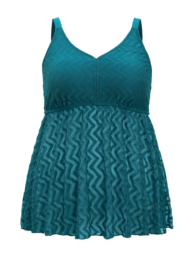 Plain Geometric Mesh Flutter Hem V Neck Tankini Top - Image 10