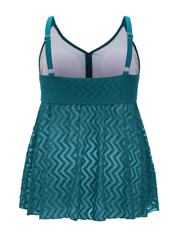 Plain Geometric Mesh Flutter Hem V Neck Tankini Top - Image 11
